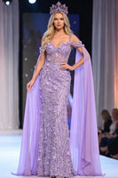 Load image into Gallery viewer, Sparkly Lilac Beaded Mermaid Corset Floral Long Evening  Dress with Cape