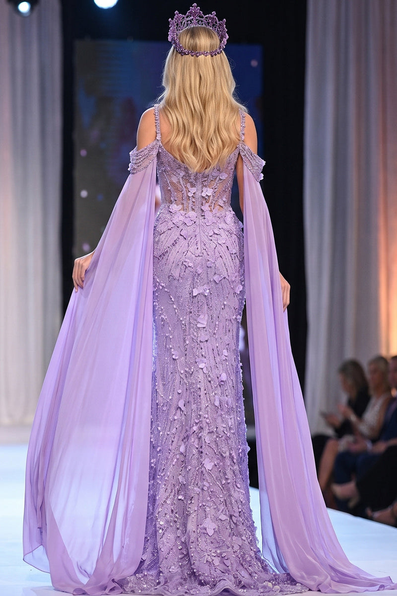 Load image into Gallery viewer, Sparkly Lilac Beaded Mermaid Corset Floral Long Evening  Dress with Cape