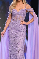Load image into Gallery viewer, Sparkly Lilac Beaded Mermaid Corset Floral Long Evening  Dress with Cape