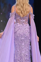 Load image into Gallery viewer, Sparkly Lilac Beaded Mermaid Corset Floral Long Evening  Dress with Cape