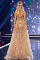 Load image into Gallery viewer, Sparkly Golden Sequin Mermaid Corset Long Evening Dress with Cape