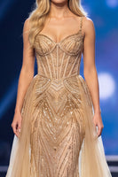 Load image into Gallery viewer, Sparkly Golden Sequin Mermaid Corset Long Evening Dress with Cape