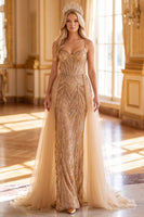 Load image into Gallery viewer, Sparkly Golden Sequin Mermaid Corset Long Evening Dress with Cape
