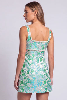 Green Tight Sparkly Beaded Floral Short Cocktail Dress with Slit