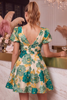 Green A Line Floral Short Cocktail  Dress with Sleeves