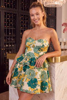 Load image into Gallery viewer, Pink Floral Ruffled  Sweetheart A Line Mini Cocktail Dress