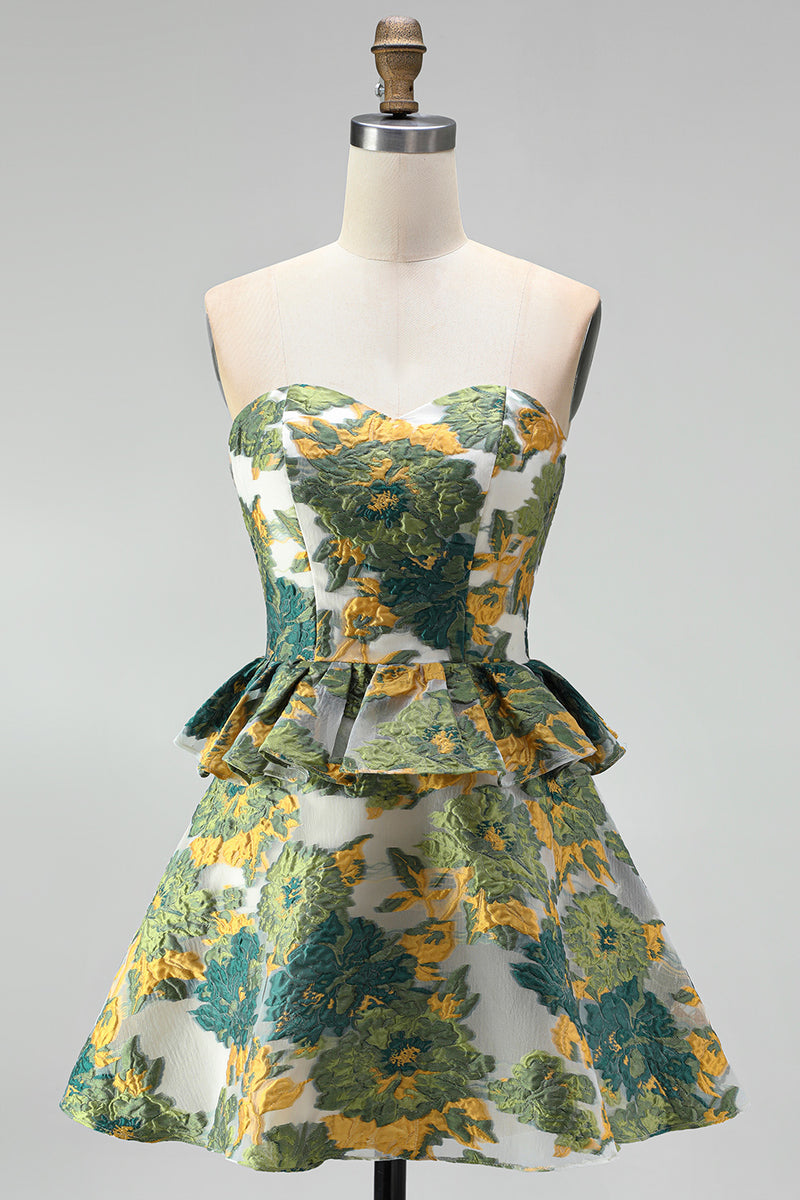 Load image into Gallery viewer, Pink Floral Ruffled  Sweetheart A Line Mini Cocktail Dress