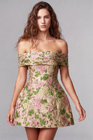 Load image into Gallery viewer, Champagne A-Line Ruched Jacquard Short Cocktial Dress with Bow