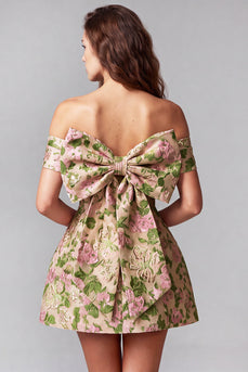 Champagne A-Line Ruched Jacquard Short Cocktial Dress with Bow