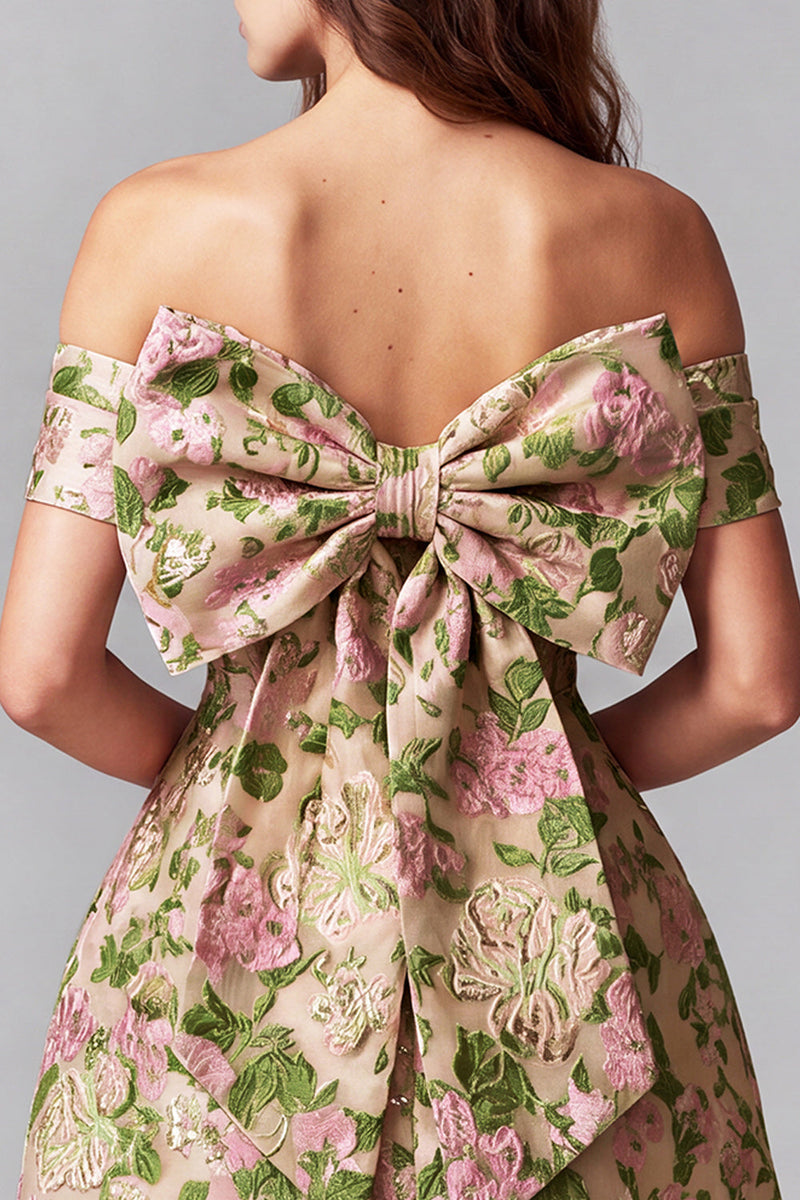 Load image into Gallery viewer, Champagne A-Line Ruched Jacquard Short Cocktial Dress with Bow