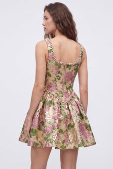 Champagne Square Neck Corset Sparkly Beaded Floral Short Cocktial Dress