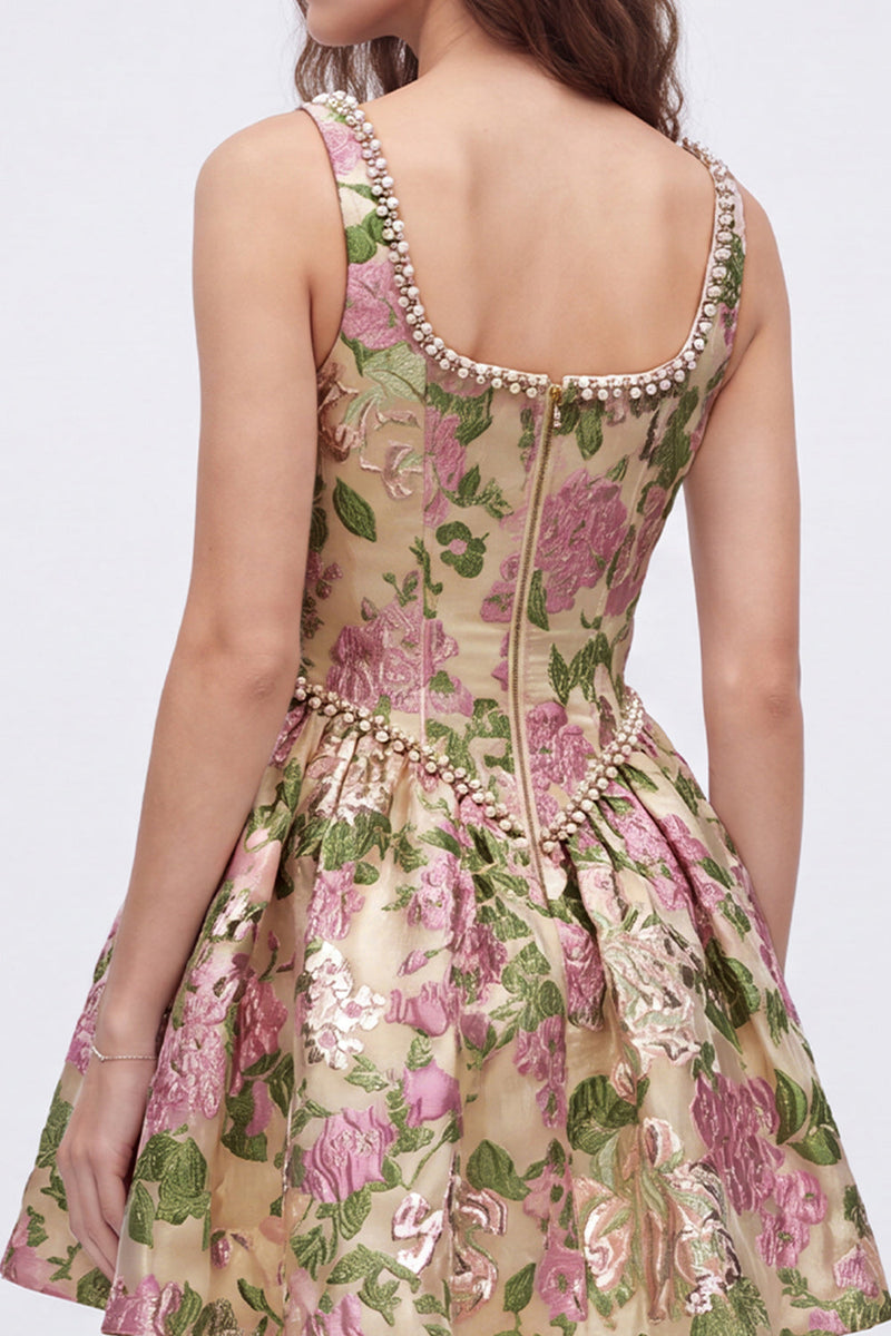 Load image into Gallery viewer, Champagne Square Neck Corset Sparkly Beaded Floral Short Cocktial Dress