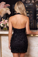 Load image into Gallery viewer, Sparkly Black Halter Beaded Tight Mini Cocktail Dress