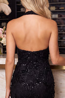 Load image into Gallery viewer, Sparkly Black Halter Beaded Tight Mini Cocktail Dress
