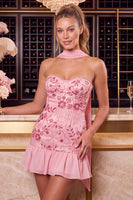 Load image into Gallery viewer, Pink Floral Beaded Neck Scarf Sweetheart Ruffled Short Cocktail Dress