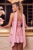 Load image into Gallery viewer, Pink Floral Beaded Neck Scarf Sweetheart Ruffled Short Cocktail Dress
