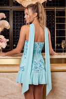Load image into Gallery viewer, Pink Floral Beaded Neck Scarf Sweetheart Ruffled Short Cocktail Dress