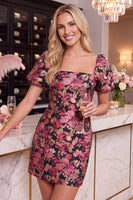 Load image into Gallery viewer, Black Red Floral Tight Square Neck Mini Cocktail Dress