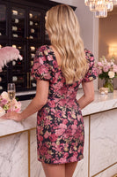 Load image into Gallery viewer, Black Red Floral Tight Square Neck Mini Cocktail Dress