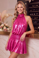 Load image into Gallery viewer, Black A Line Halter Metallic Ruched Mini Cocktail Dress