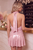 Load image into Gallery viewer, Black A Line Halter Metallic Ruched Mini Cocktail Dress
