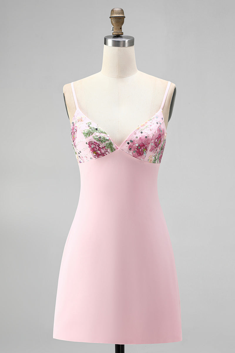Load image into Gallery viewer, Floral Pink Spaghetti Straps Sparkly Sequin Short Cocktail Dress