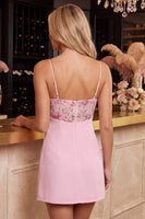 Load image into Gallery viewer, Floral Pink Spaghetti Straps Sparkly Sequin Short Cocktail Dress