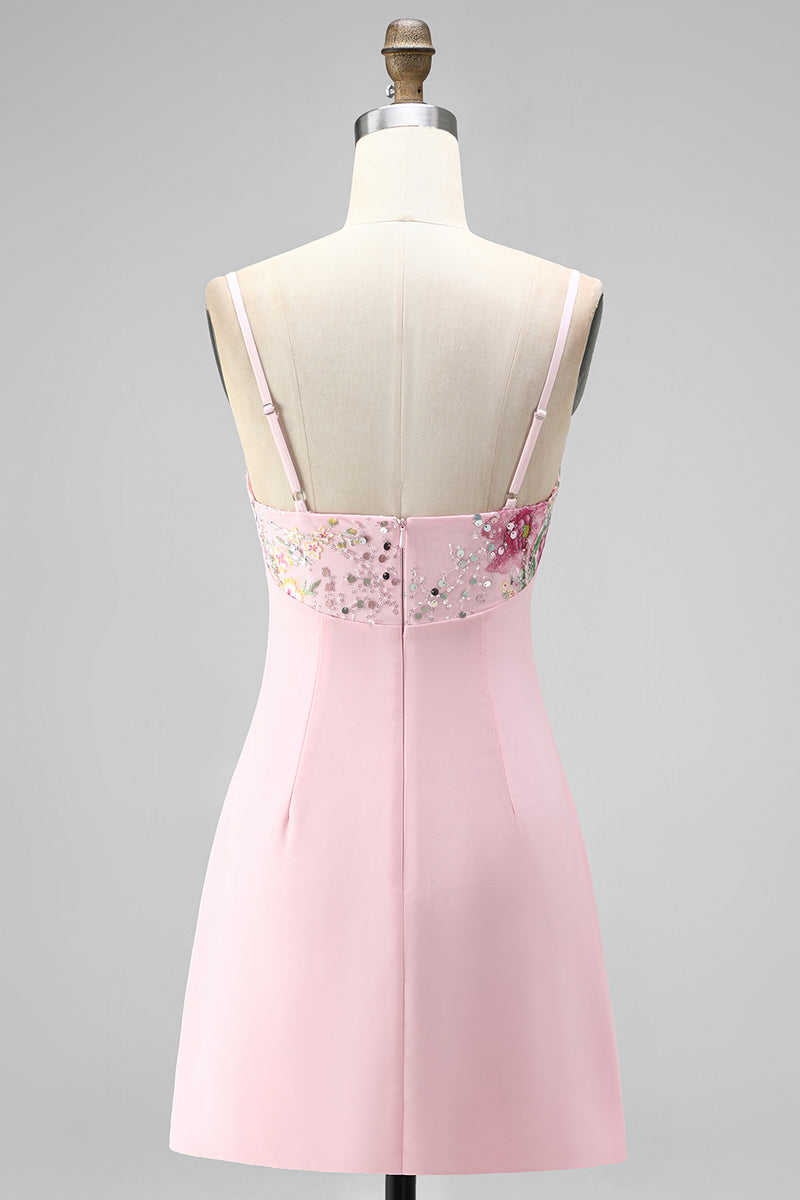 Load image into Gallery viewer, Floral Pink Spaghetti Straps Sparkly Sequin Short Cocktail Dress
