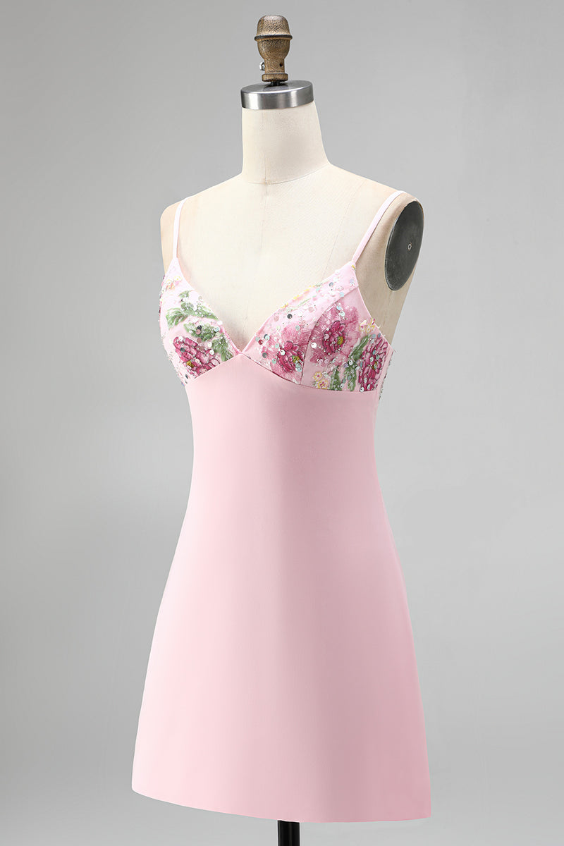 Load image into Gallery viewer, Floral Pink Spaghetti Straps Sparkly Sequin Short Cocktail Dress