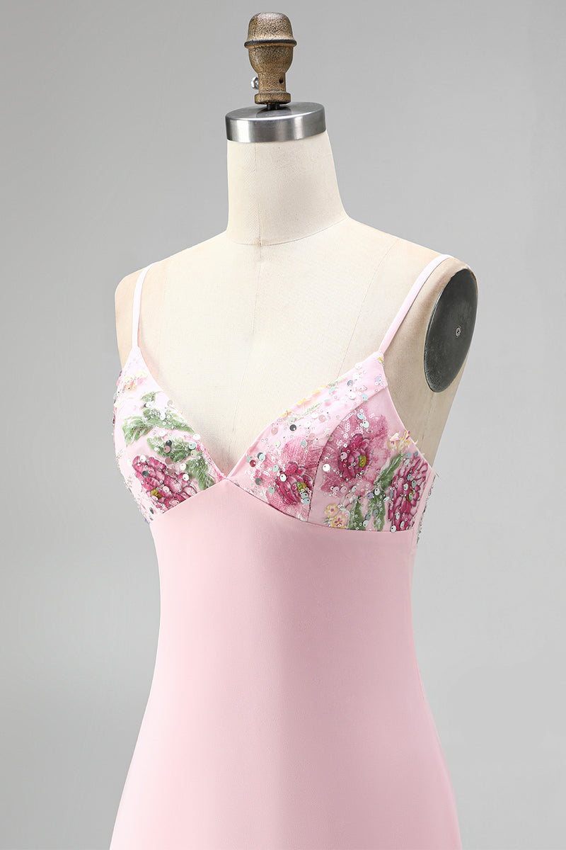 Load image into Gallery viewer, Floral Pink Spaghetti Straps Sparkly Sequin Short Cocktail Dress