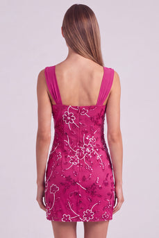 Fuchsia Tight Floral Sparkly Beaded Ruched Short Cocktail Dress