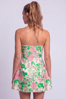 Floral Green Leaves A Line Strapless Short Cocktail Dress