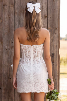 Ivory Lace Corset Strapless Tight Beaded Boho Short Wedding Dress with Bow