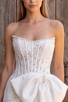 Load image into Gallery viewer, Ivory Lace Corset Strapless Tight Beaded Boho Short Wedding Dress with Bow