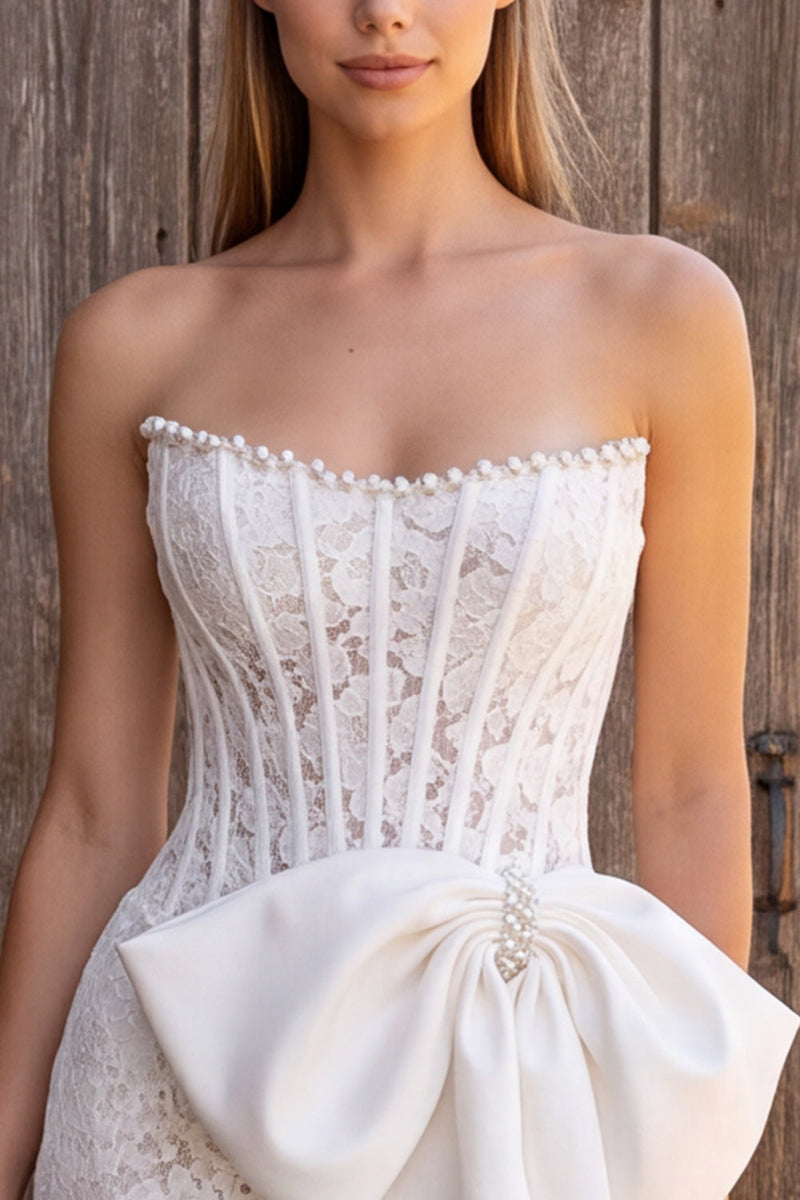 Load image into Gallery viewer, Ivory Lace Corset Strapless Tight Beaded Boho Short Wedding Dress with Bow