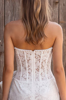Load image into Gallery viewer, Ivory Lace Corset Strapless Tight Beaded Boho Short Wedding Dress with Bow