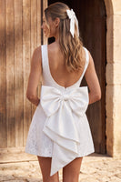 Load image into Gallery viewer, Floral A Line Ivory Lace Short Boho Wedding Dress with Bow