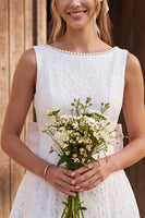 Load image into Gallery viewer, Floral A Line Ivory Lace Short Boho Wedding Dress with Bow