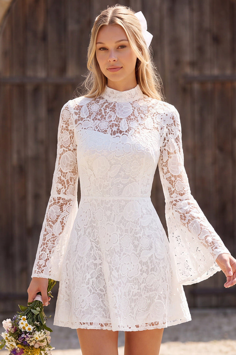 Load image into Gallery viewer, Lace Ivory Floral A Line High Neck Flare Sleeves Short Boho Wedding Dress