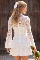 Load image into Gallery viewer, Lace Ivory Floral A Line High Neck Flare Sleeves Short Boho Wedding Dress