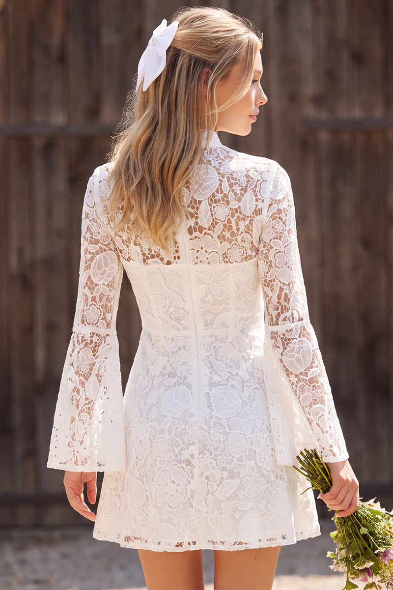 Load image into Gallery viewer, Lace Ivory Floral A Line High Neck Flare Sleeves Short Boho Wedding Dress
