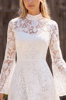 Load image into Gallery viewer, Lace Ivory Floral A Line High Neck Flare Sleeves Short Boho Wedding Dress