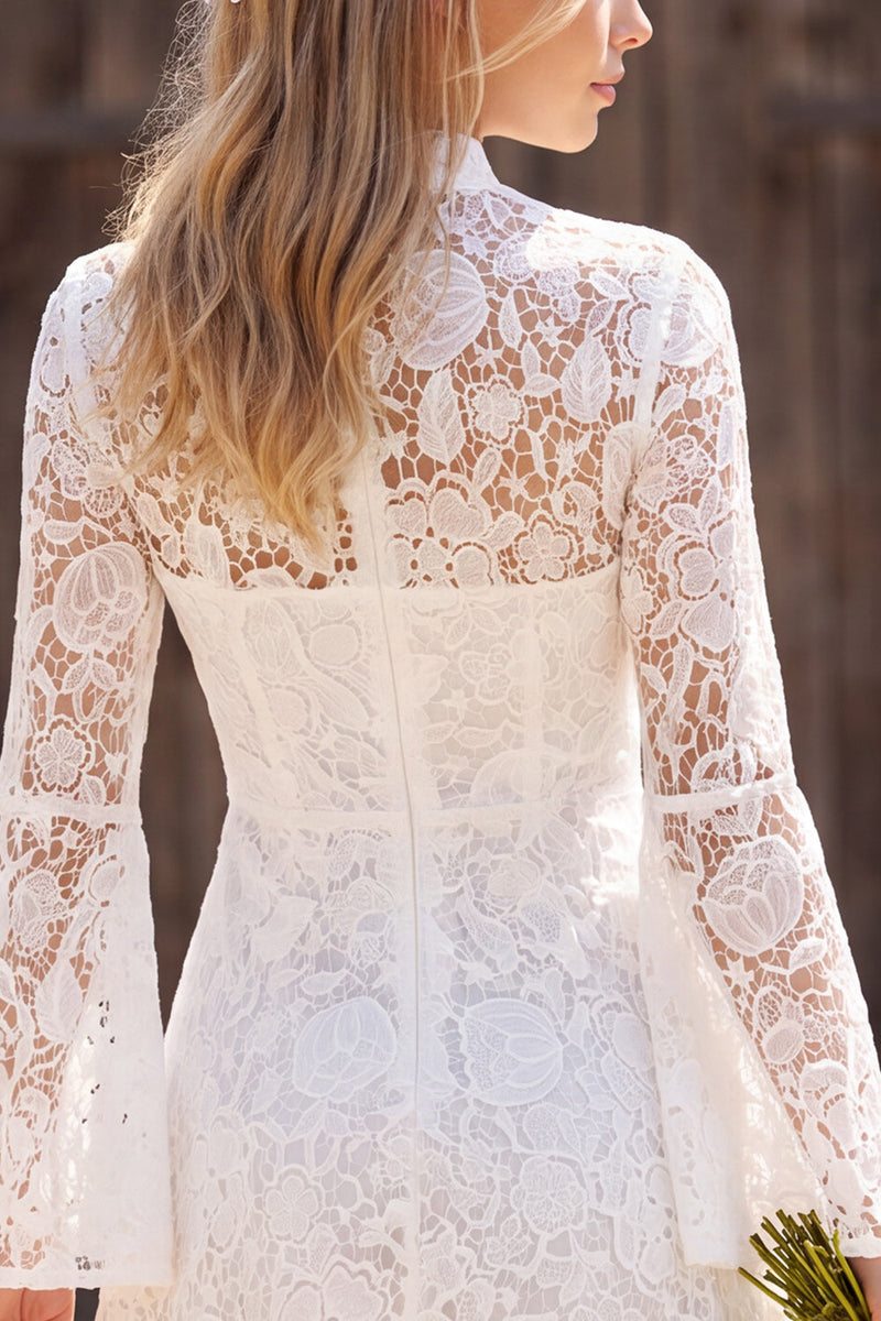 Load image into Gallery viewer, Lace Ivory Floral A Line High Neck Flare Sleeves Short Boho Wedding Dress