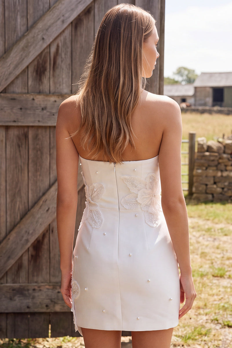 Load image into Gallery viewer, Bodycon Floral Ivory Strapless Short Wedding Dress with Pearls