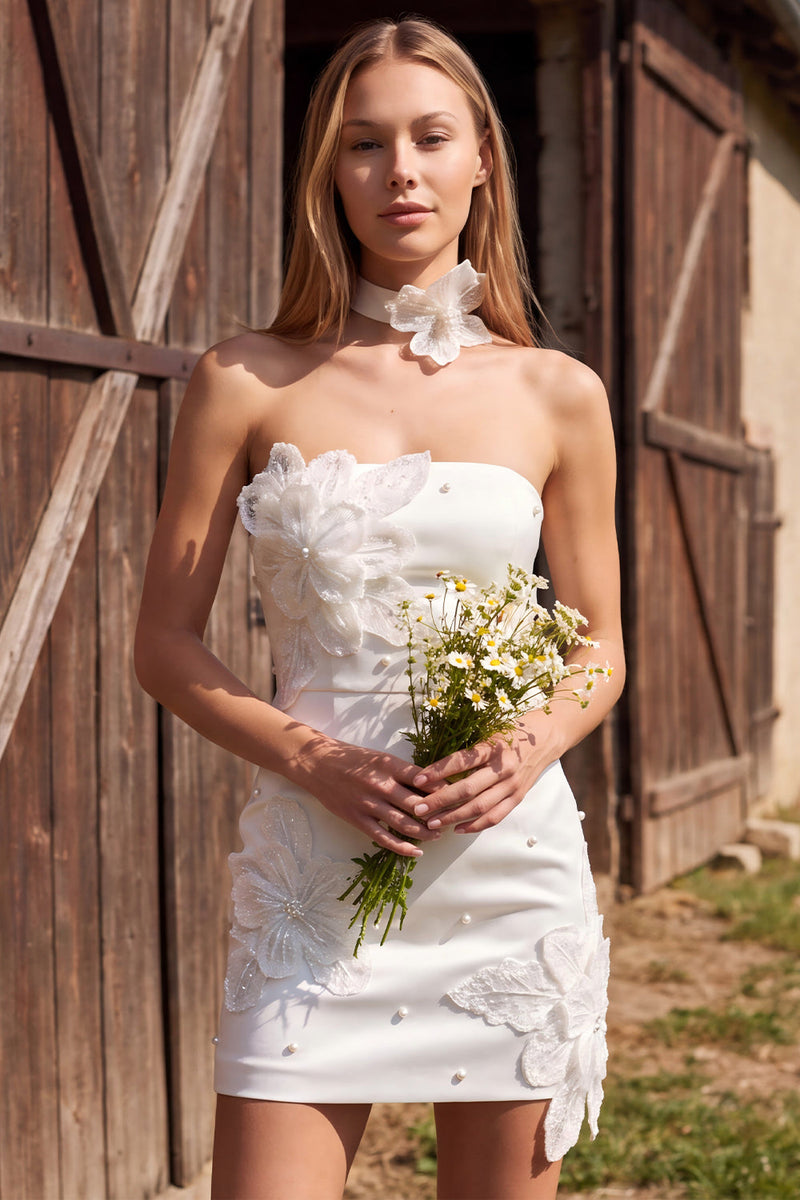 Load image into Gallery viewer, Bodycon Floral Ivory Strapless Short Wedding Dress with Pearls
