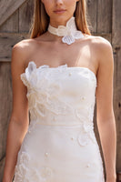 Load image into Gallery viewer, Bodycon Floral Ivory Strapless Short Wedding Dress with Pearls
