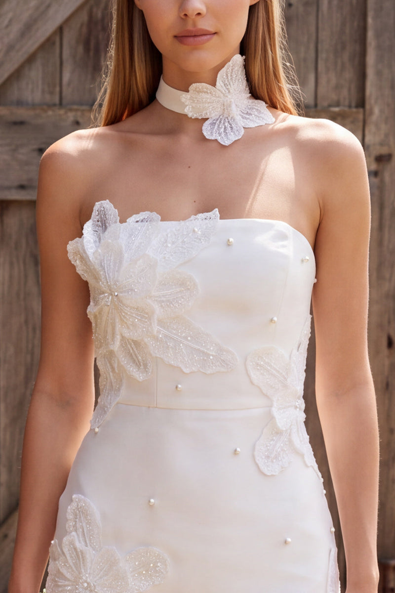 Load image into Gallery viewer, Bodycon Floral Ivory Strapless Short Wedding Dress with Pearls