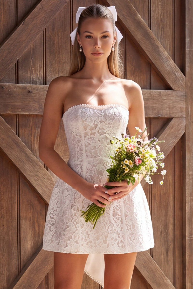 Load image into Gallery viewer, Strapless Lace Floral Ivory Corset A Line Short Boho Wedding Dress with Bow