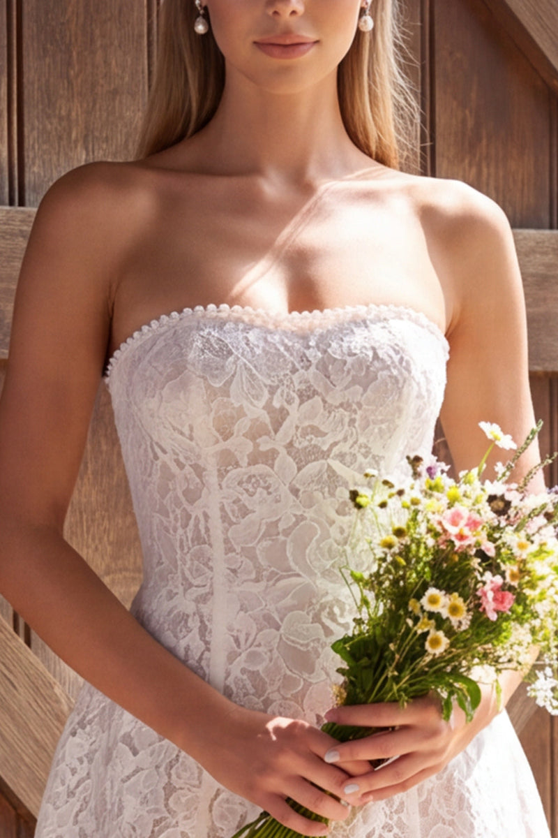 Load image into Gallery viewer, Strapless Lace Floral Ivory Corset A Line Short Boho Wedding Dress with Bow