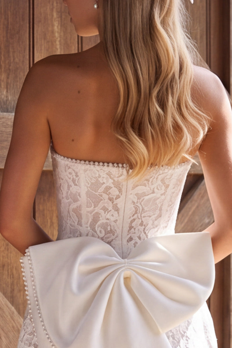 Load image into Gallery viewer, Strapless Lace Floral Ivory Corset A Line Short Boho Wedding Dress with Bow
